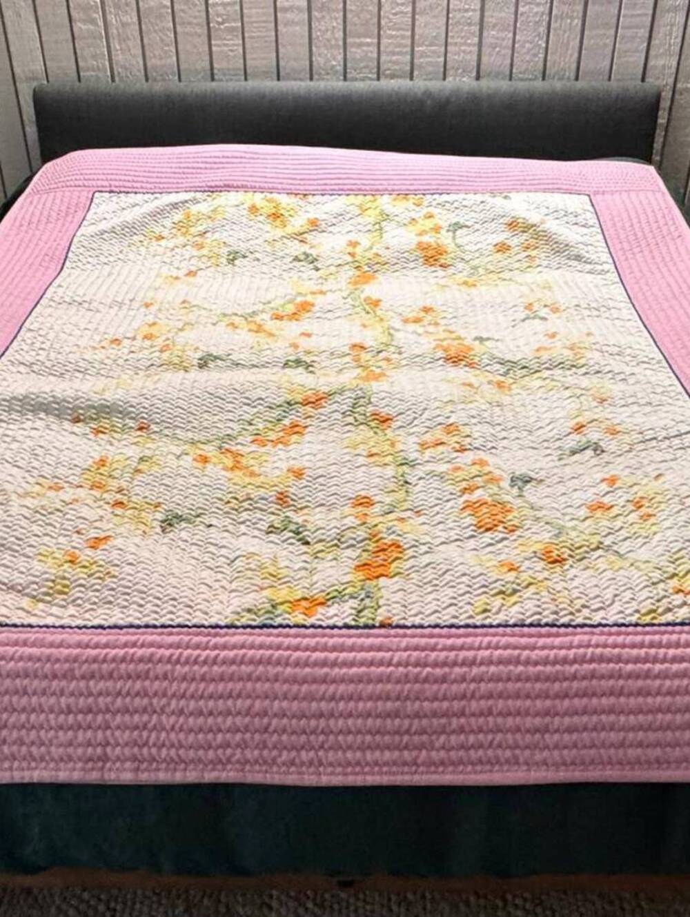 Vintage Korean Satin Quilt 68x77 Reversible Pink Floral Bird Bedspread Coverlet